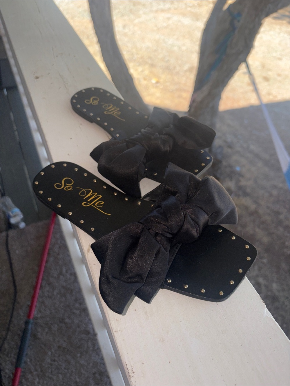So Me Black Bow Studded Slide Mules